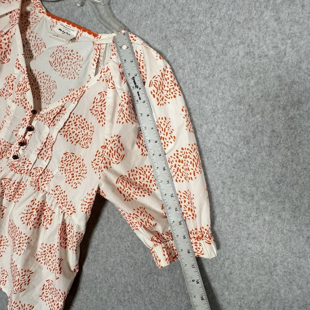 Anthropologie Moglea Womens XS White Orange Cotton Puff Sleeve Ruffle Blouse